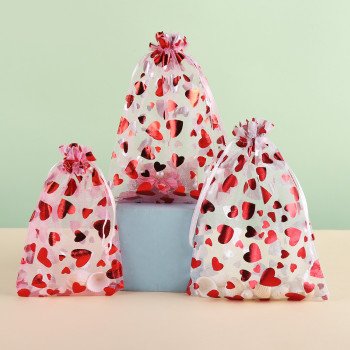 Red hot stamping love gauze bag in stock wholesale drawstring organza wedding candy bag wedding gift packaging bundle pocket