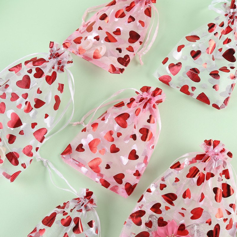 Red hot stamping love gauze bag in stock wholesale drawstring organza wedding candy bag wedding gift packaging bundle pocket