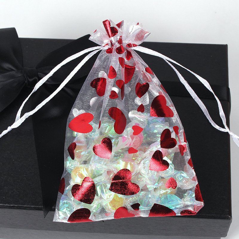 Red hot stamping love gauze bag in stock wholesale drawstring organza wedding candy bag wedding gift packaging bundle pocket