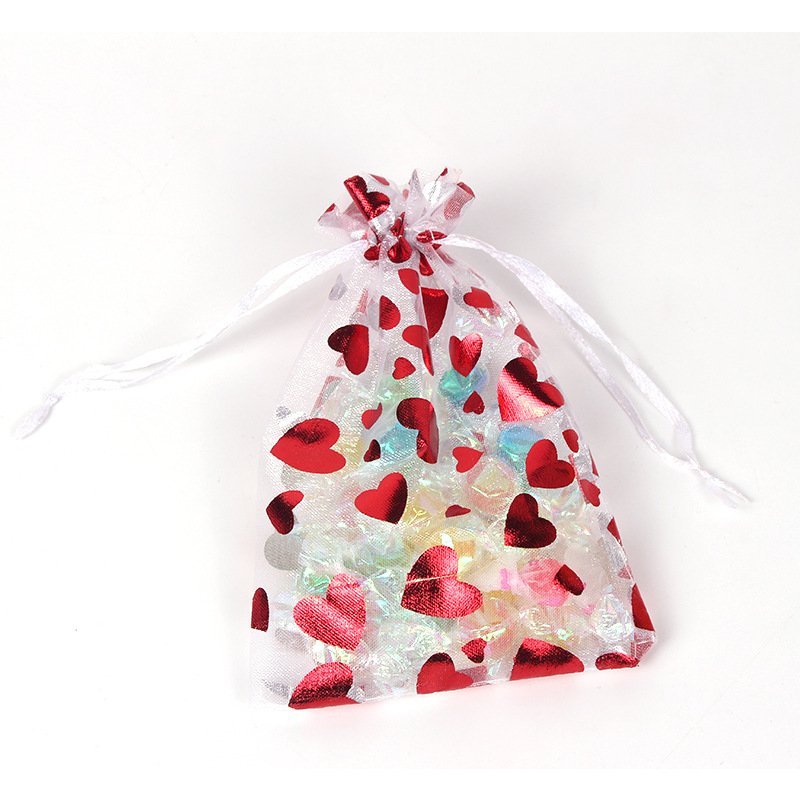 Red hot stamping love gauze bag in stock wholesale drawstring organza wedding candy bag wedding gift packaging bundle pocket
