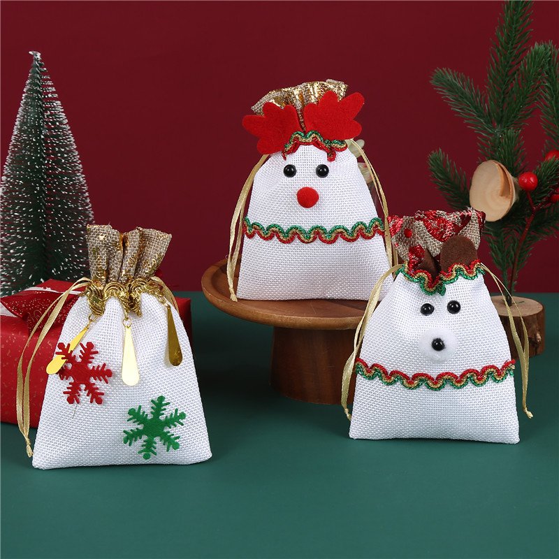 Christmas bag gift bag imitation linen stitching cartoon drawstring candy storage packaging bag