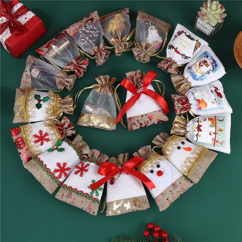 Christmas bag gift bag imitation linen stitching cartoon drawstring candy storage packaging bag