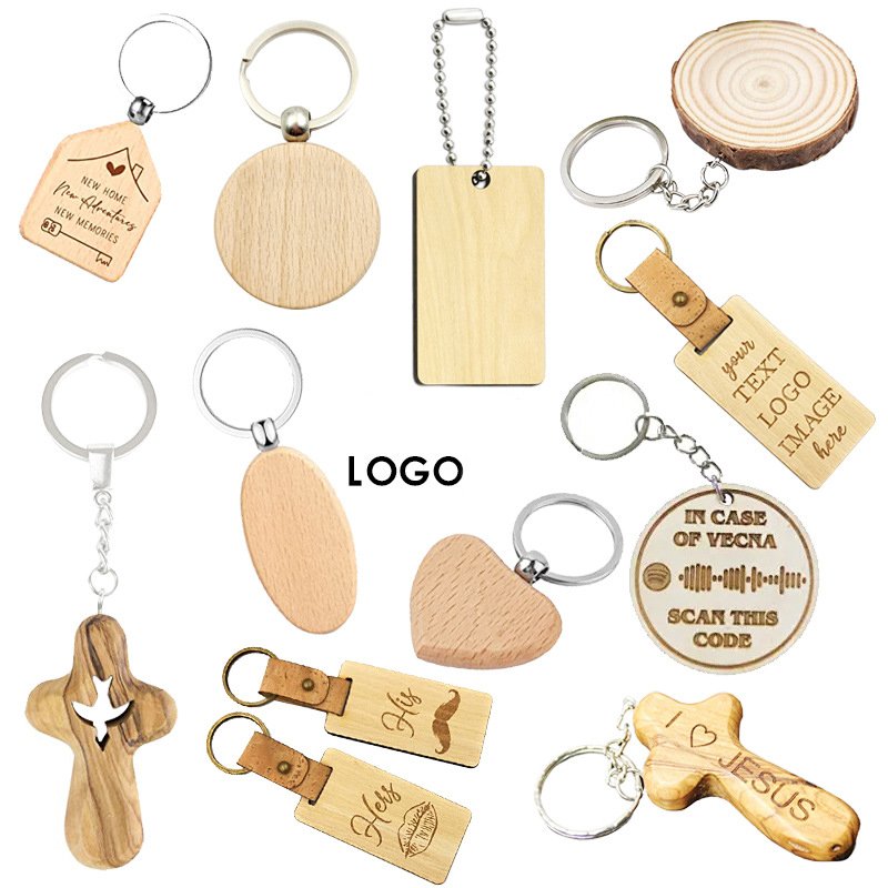 Laser-engraved logo keychain, beech wooden keychain, Italian leather keychain, wooden keychain