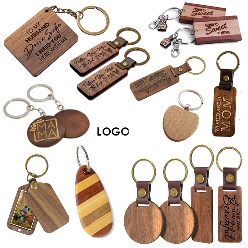 Laser-engraved logo keychain, beech wooden keychain, Italian leather keychain, wooden keychain