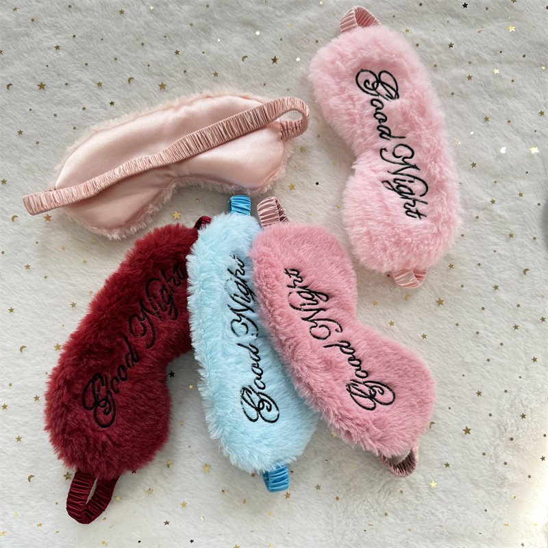 Cute plush embroidery good night sleep eye mask blackout simulated silk rabbit fur eye mask
