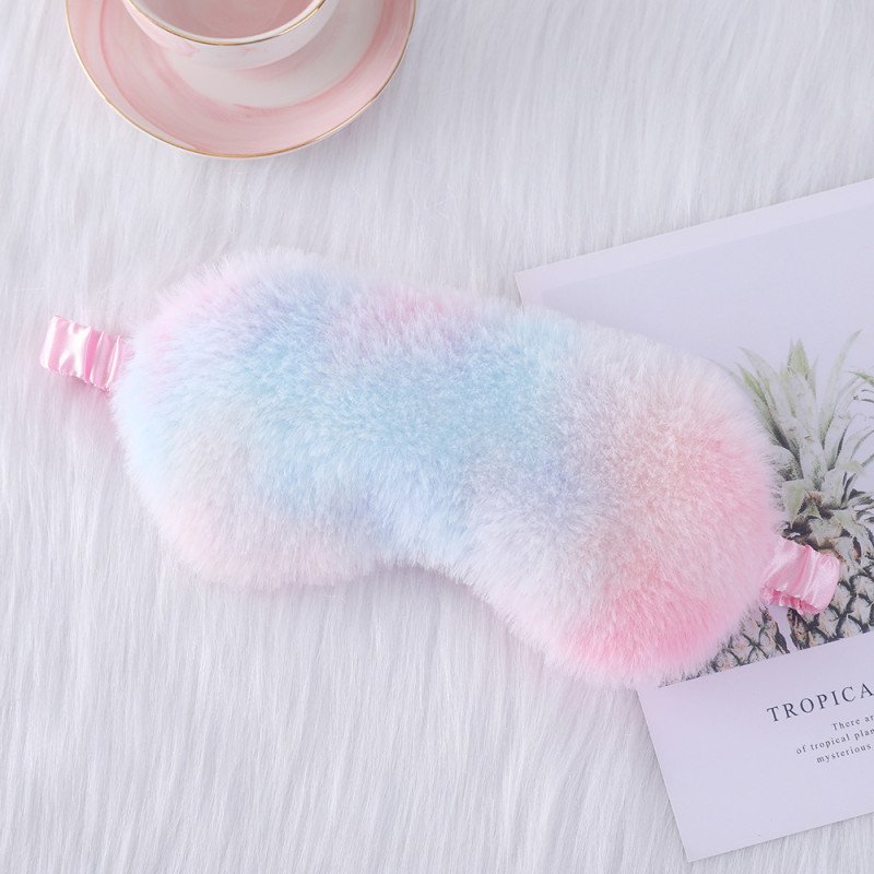 Colorful bunny fur cute plush eye mask blackout sleep eye mask rainbow print cute cartoon eye mask