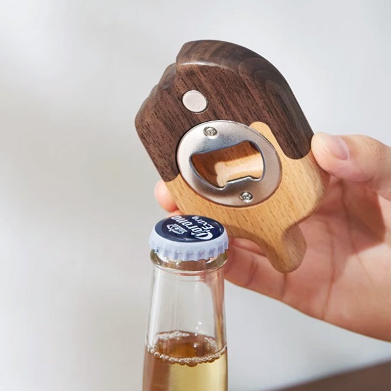Cute beer creative bottle opener, solid wood refrigerator magnet wooden bottle opener