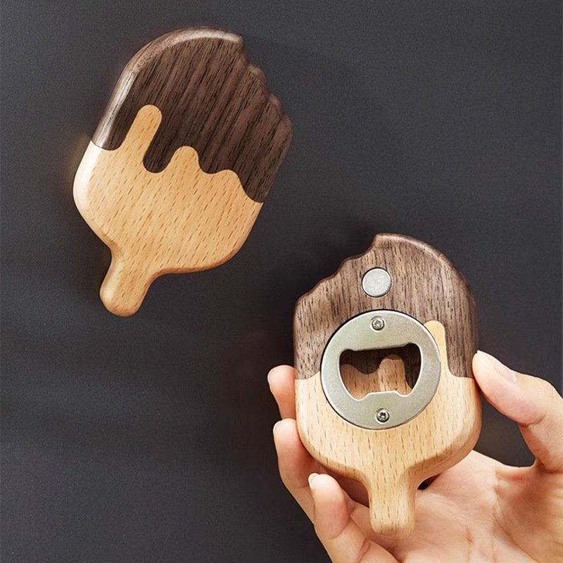 Cute beer creative bottle opener, solid wood refrigerator magnet wooden bottle opener