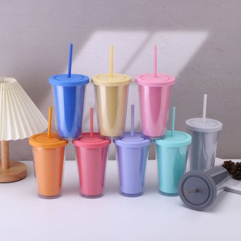 Creative double-layer plastic cup with high appearance,men and women summer straw water cup,portable coffee gift cup with printed logo