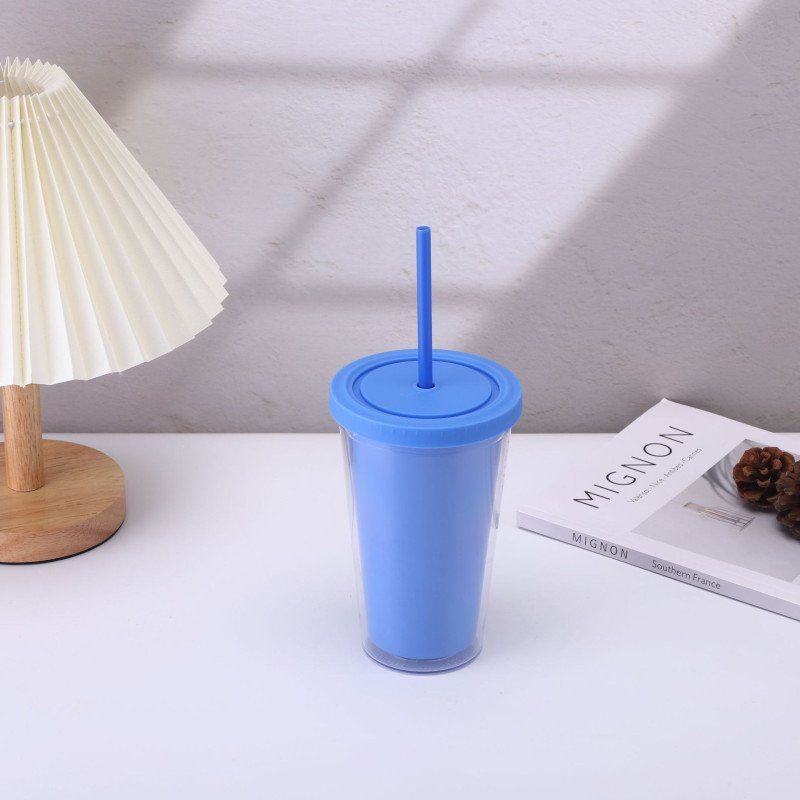 Creative double-layer plastic cup with high appearance,men and women summer straw water cup,portable coffee gift cup with printed logo