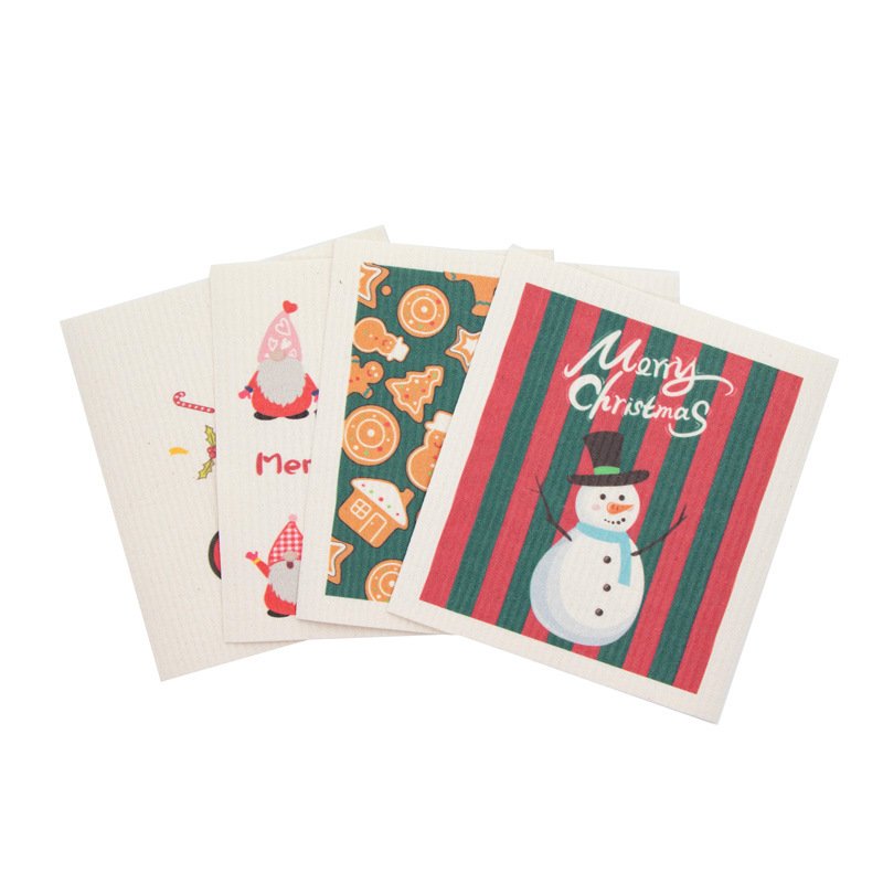 Christmas cartoon printed wood pulp cotton dishcloth, absorbent, non-stick to oil, easy to clean, biodegradable kitchen rag