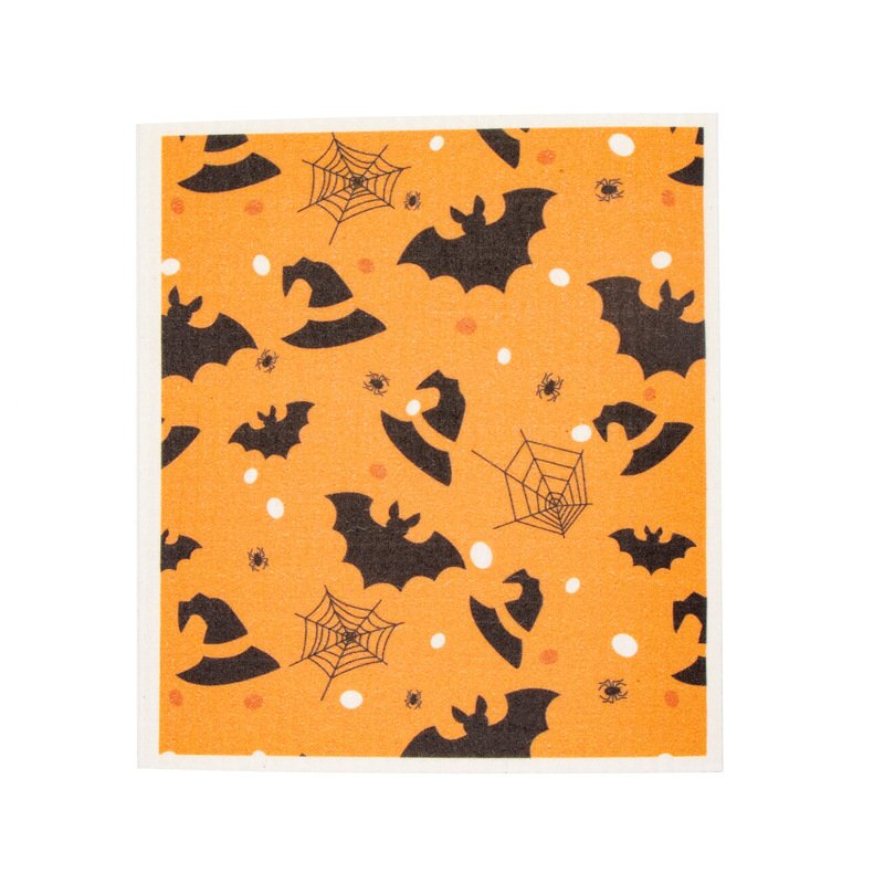 Halloween kitchen dishwashing cloth cross-border bat biodegradable dishcloth for table wiping, absorbent wood pulp cotton rag