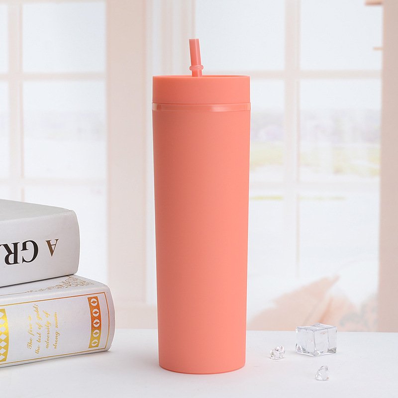 Straight cup,hot coffee cup,insulation cup 16OZ double-layer plastic frosted straight straw cup