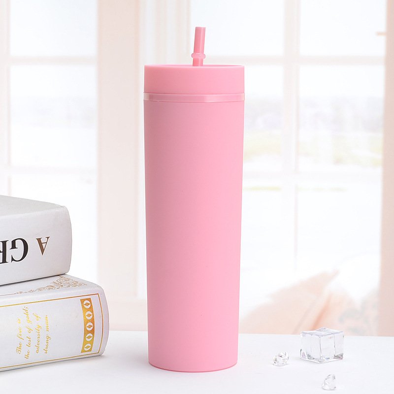 Straight cup,hot coffee cup,insulation cup 16OZ double-layer plastic frosted straight straw cup