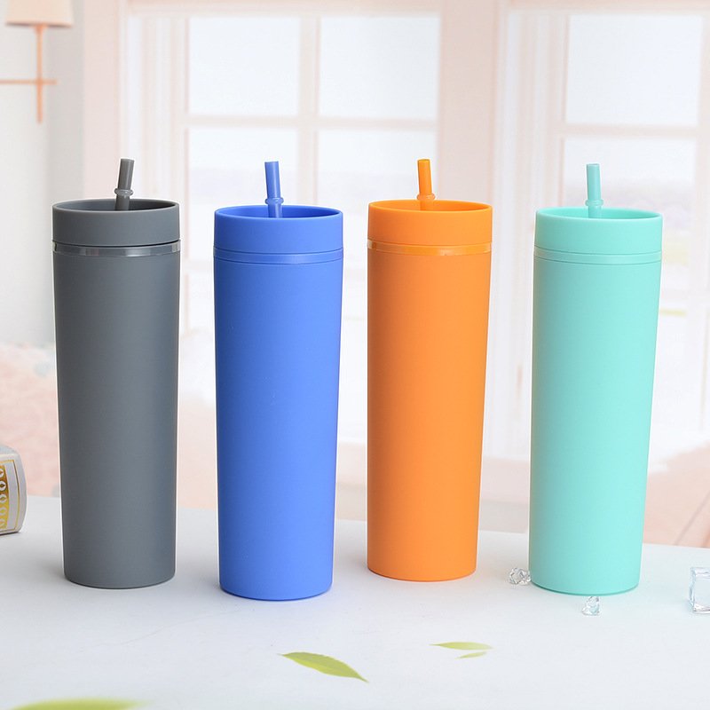 Straight cup,hot coffee cup,insulation cup 16OZ double-layer plastic frosted straight straw cup