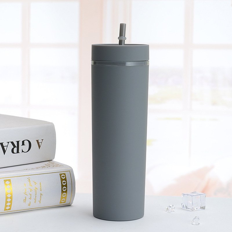 Straight cup,hot coffee cup,insulation cup 16OZ double-layer plastic frosted straight straw cup