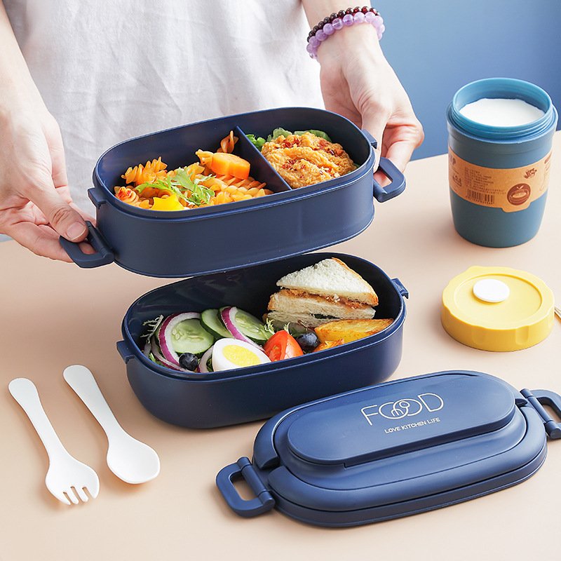 Office workers' portable microwave-heated student lunch box,double-layer lunch box,Japanese-style partitioned lunch box with cutlery