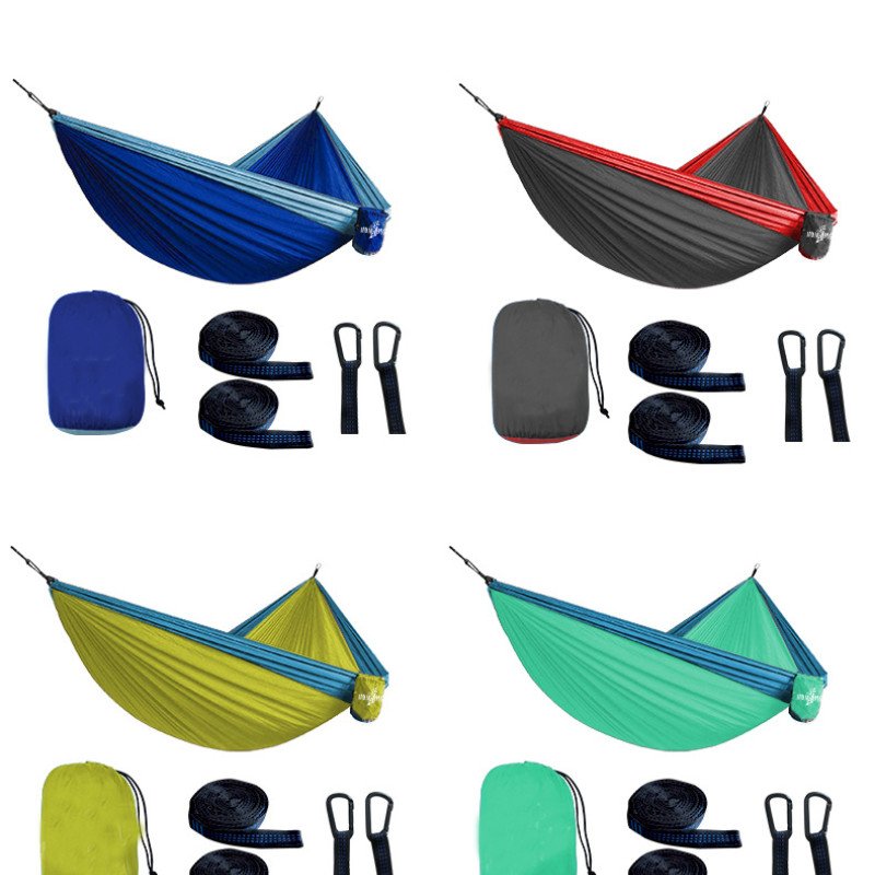 Factory direct sales outdoor color matching nylon parachute cloth double 300*200 camping hammock outdoor supplies swing