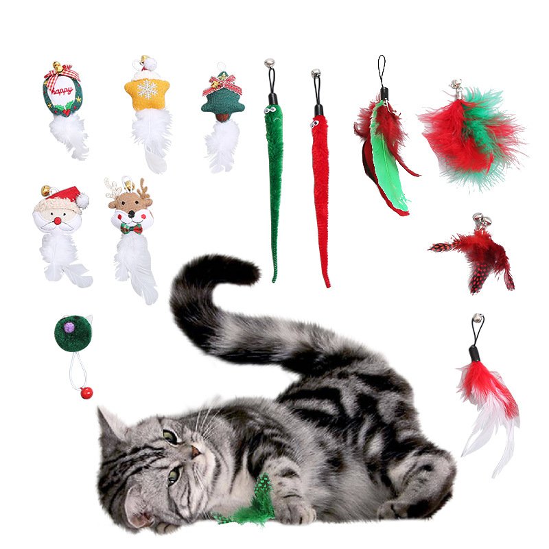Pet Products Factory Cross-Border Christmas Series Feather Plush Replacement Head Interactive Play Cat Chase Toy