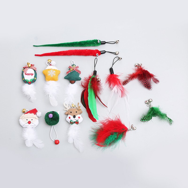 Pet Products Factory Cross-Border Christmas Series Feather Plush Replacement Head Interactive Play Cat Chase Toy