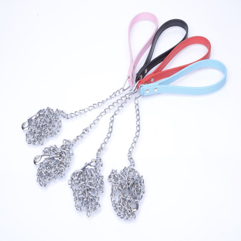 Anti-bite chrome-plated iron chain dog leash for small and medium-sized dogs PU simulated leather dog leash