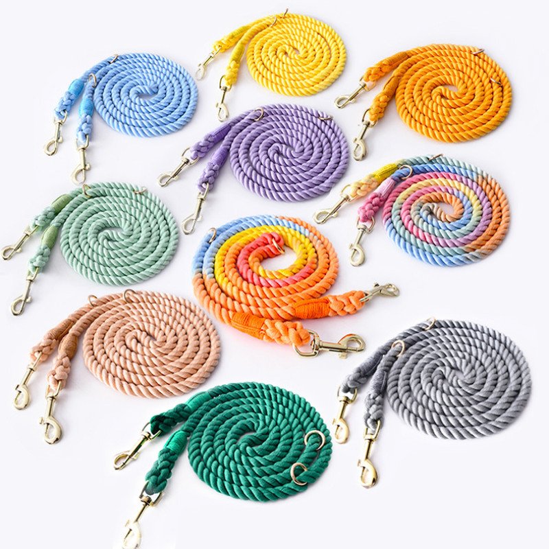 Colorful pure cotton rope pet dog leash collar set for medium and large dogs
