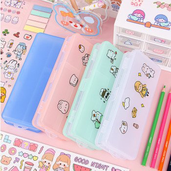 Double-layered stationery box, transparent frosted large-capacity plastic pencil box, DIY stationery storage box for primary and secondary school students