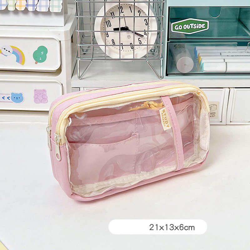 Simple large-capacity double-layer pencil bag, transparent junior high school student special stationery bag, Japanese student transparent pencil bag