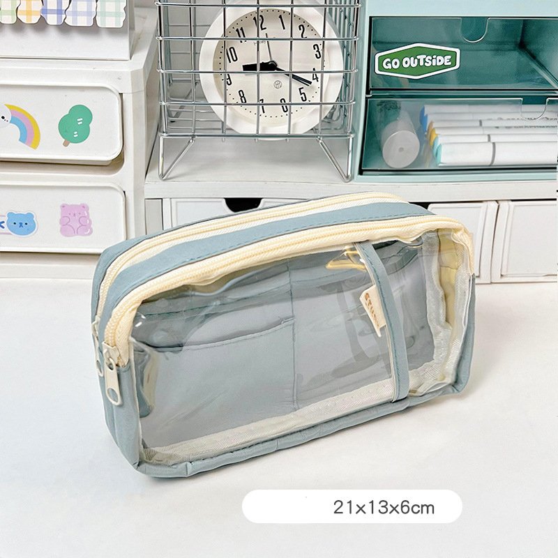 Simple large-capacity double-layer pencil bag, transparent junior high school student special stationery bag, Japanese student transparent pencil bag