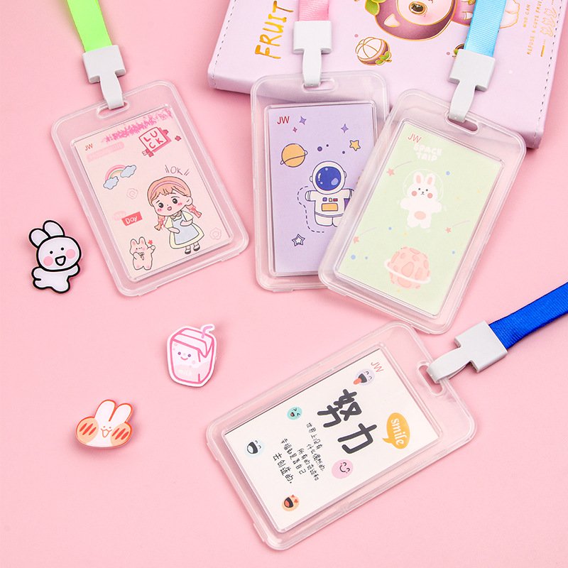 Creative cartoon transparent ID card holder for students with lanyard waterproof employee work badge bus card holder wholesale