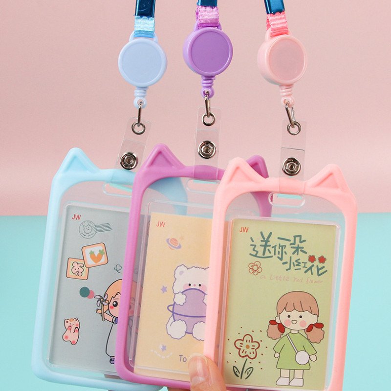 Cute silicone card holder for students, cartoon bus meal card protective cover, high-looking lanyard, transparent campus card wholesale
