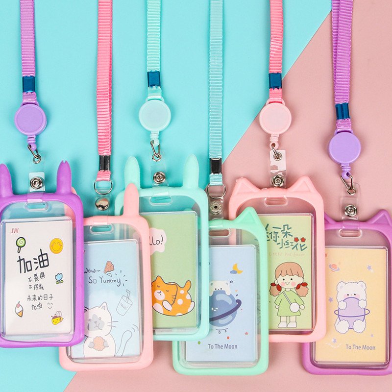Cute silicone card holder for students, cartoon bus meal card protective cover, high-looking lanyard, transparent campus card wholesale