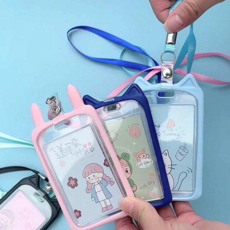 Cute silicone card holder for students, cartoon bus meal card protective cover, high-looking lanyard, transparent campus card wholesale