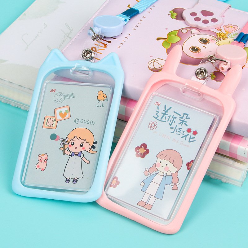 Cute silicone card holder for students, cartoon bus meal card protective cover, high-looking lanyard, transparent campus card wholesale