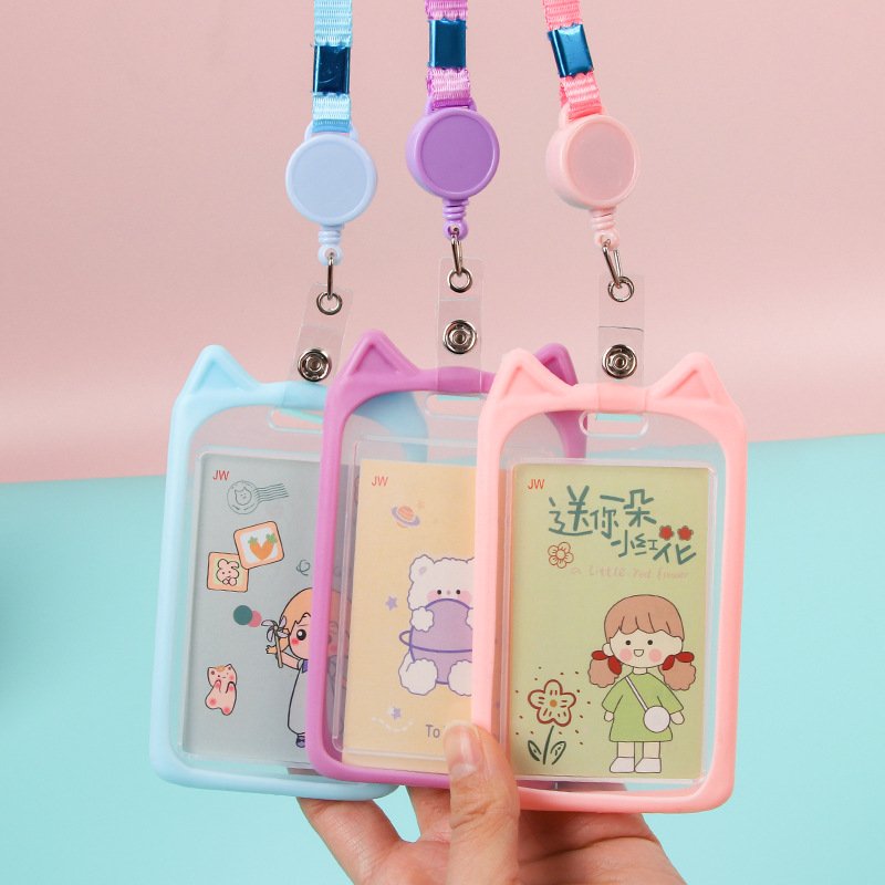 Cute silicone card holder for students, cartoon bus meal card protective cover, high-looking lanyard, transparent campus card wholesale