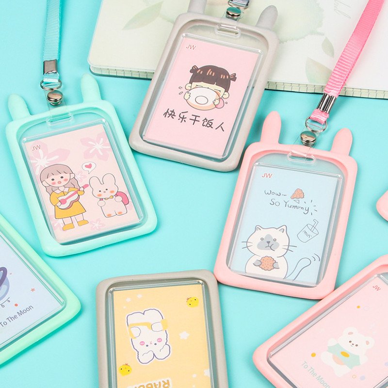 Cute silicone card holder for students, cartoon bus meal card protective cover, high-looking lanyard, transparent campus card wholesale