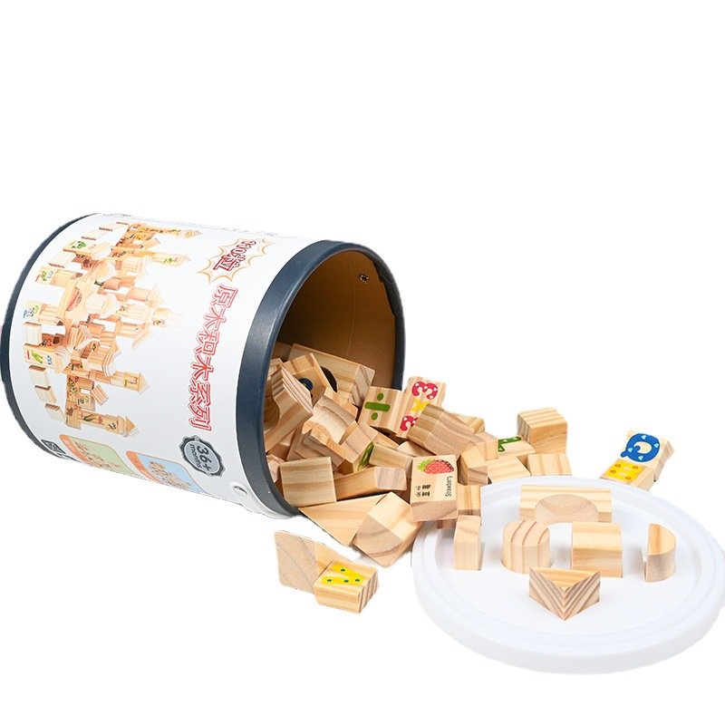 Early education for young children 110 capsules in a barrel with numbers, letters, fruits, pinyin, cognitive puzzle, log building wooden toys