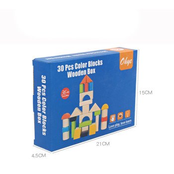Wooden 30-piece colorful wooden boxed building blocks, beech wood large blocks, children's educational wood assembly toys