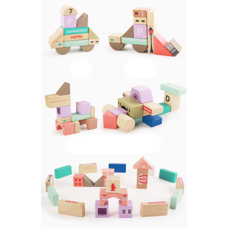 Young children's early education wooden 115-piece macaron building master building blocks educational colorful city large particle building blocks