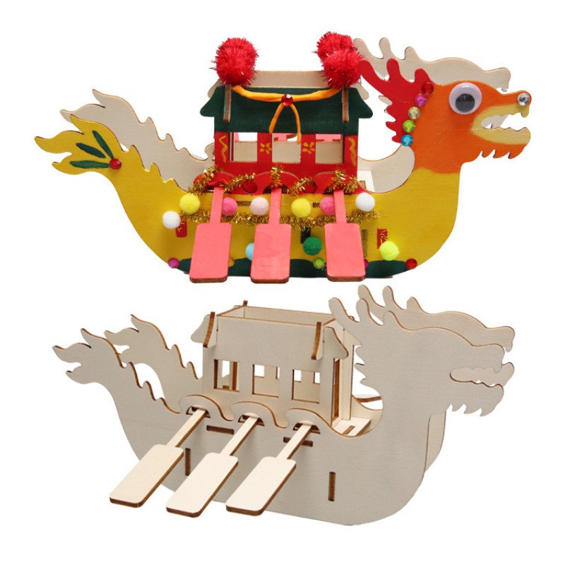Wooden dragon boat DIY children's Dragon Boat Festival handmade wooden dragon boat kindergarten painting graffiti 3D three-dimensional dragon boat